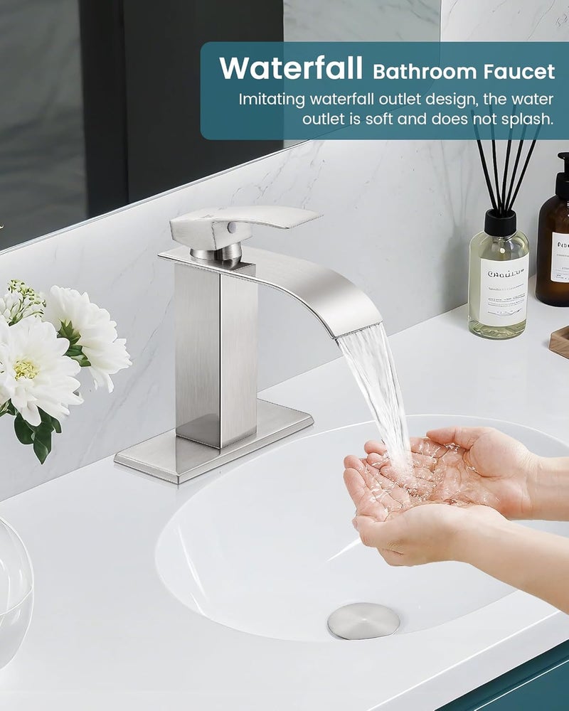 LUFG Bathroom Faucets Brushed Nickel Waterfall Bathroom Sink Faucet Modern Single Handle Bathroom Faucet for 1 or 3 Hole Mxier Tap Washbasin Faucet with Deck, Pop-up Drain and Supply Hoses - Image 2